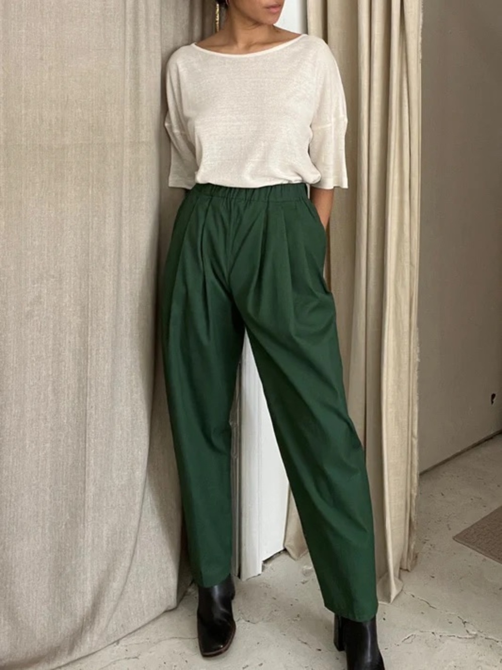 Na Nin || Lena Cotton Twill Pants Pull On Pleated Green XL